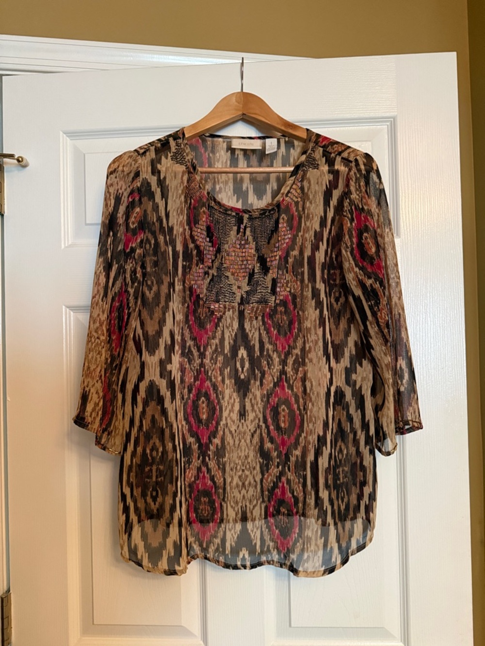 Chico's Brown Multi-Print Sheer Peasant Top with Pink Accents